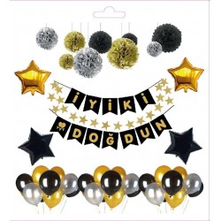 İyi ki Doğdun Yazısı (115*23 cm) Gold Zemin-Siyah 4 Yıldız