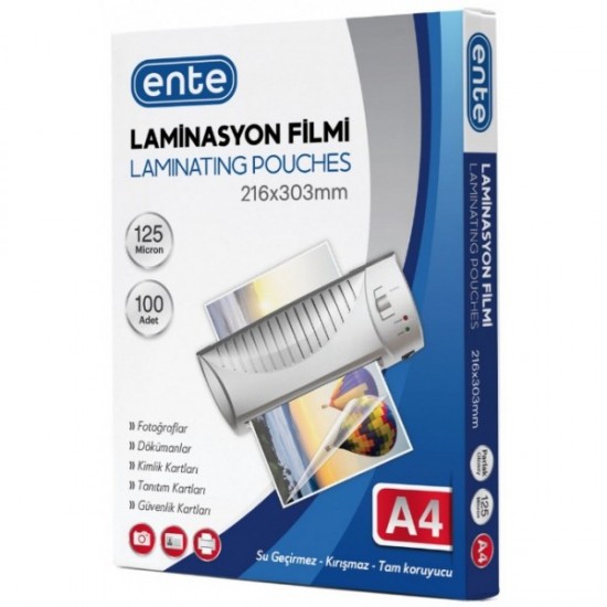 ENTE Laminasyon Filmi A4 125 Mikron (100'Lü) Şeffaf/Parlak