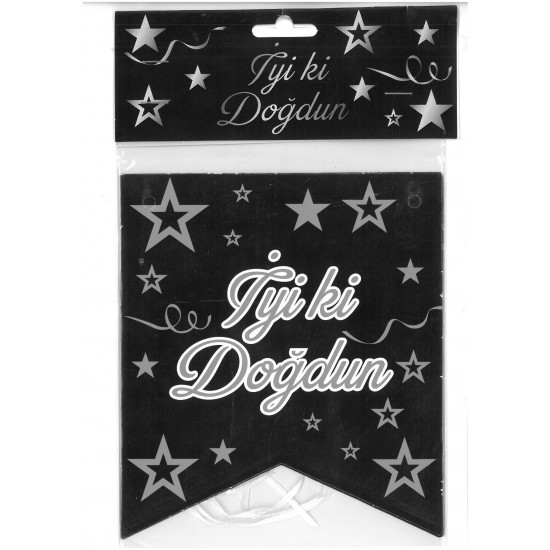 İyi ki Doğdun Yazısı (115*23 cm) Siyah Zemin-Gümüş Yıldızlı