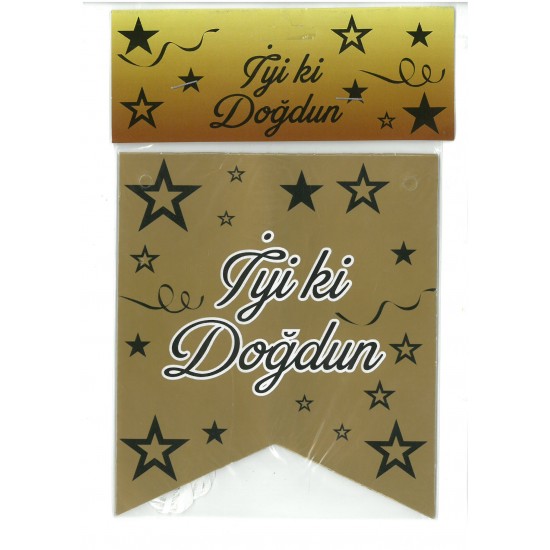 İyi ki Doğdun Yazısı (115*23 cm) Gold Zemin-Siyah Yıldızlı
