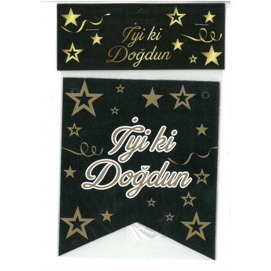 İyi ki Doğdun Yazısı (115*23 cm) Siyah Zemin-Altın Yıldızlı