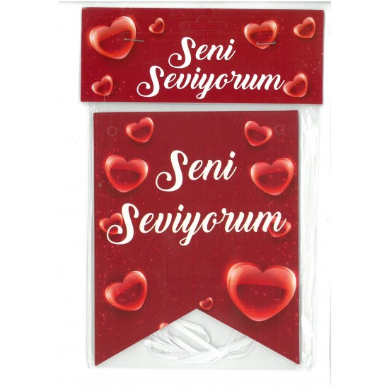 Seni Seviyorum Yazısı (115*23 cm) Kırmızı Zemin-Beyaz- Kalpli