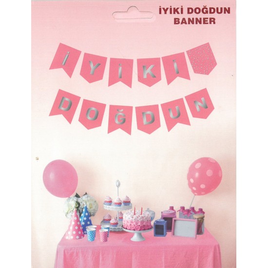 İyi ki Doğdun Yazısı (13,5*17 cm) Pembe Zemin-Gümüş Yıldız