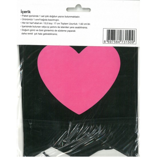 İyi ki Doğdun Yazısı (13,5*17 cm) Siyah Zemin-Pembe Kalp